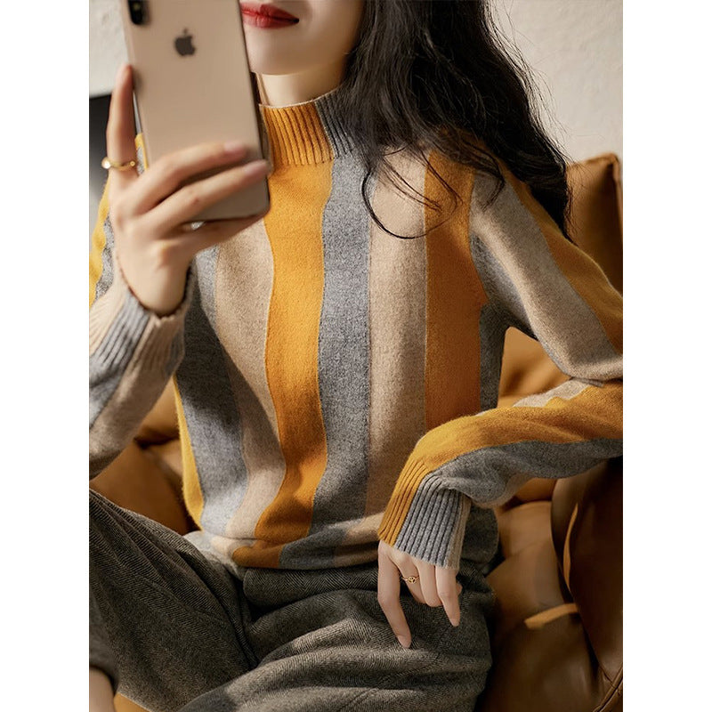 Elegant Contrast Color Half Turtleneck Vertical Striped Sweater