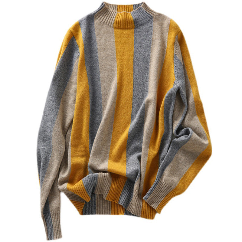 Elegant Contrast Color Half Turtleneck Vertical Striped Sweater