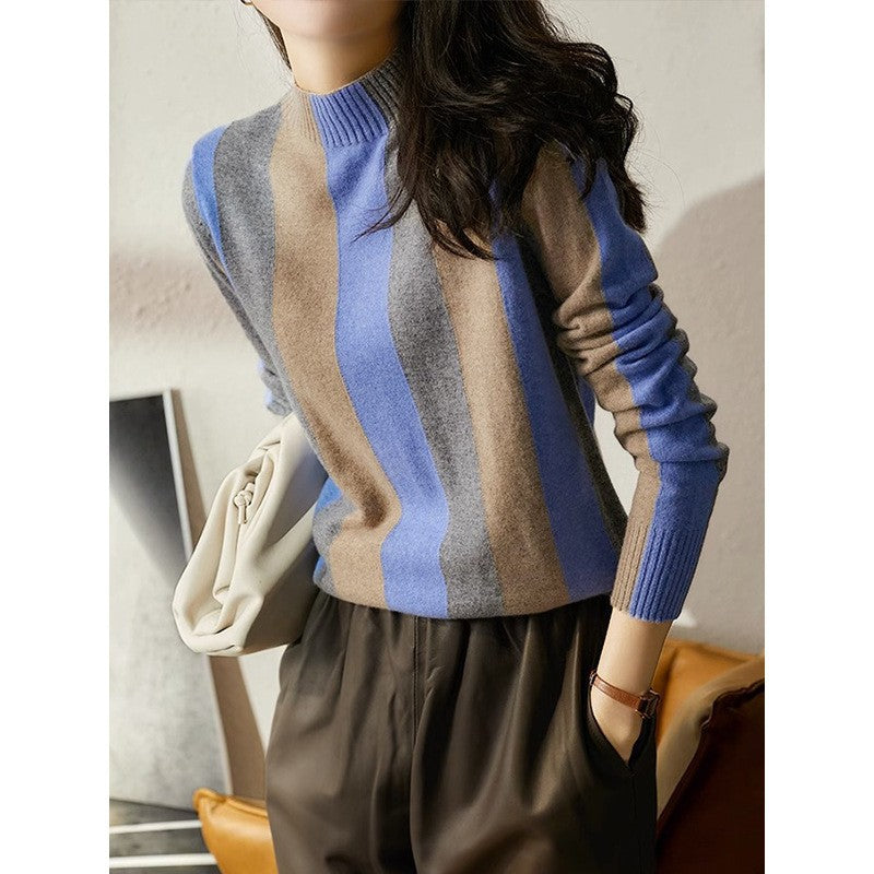 Elegant Contrast Color Half Turtleneck Vertical Striped Sweater