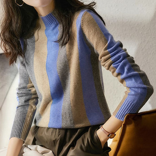 Elegant Contrast Color Half Turtleneck Vertical Striped Sweater